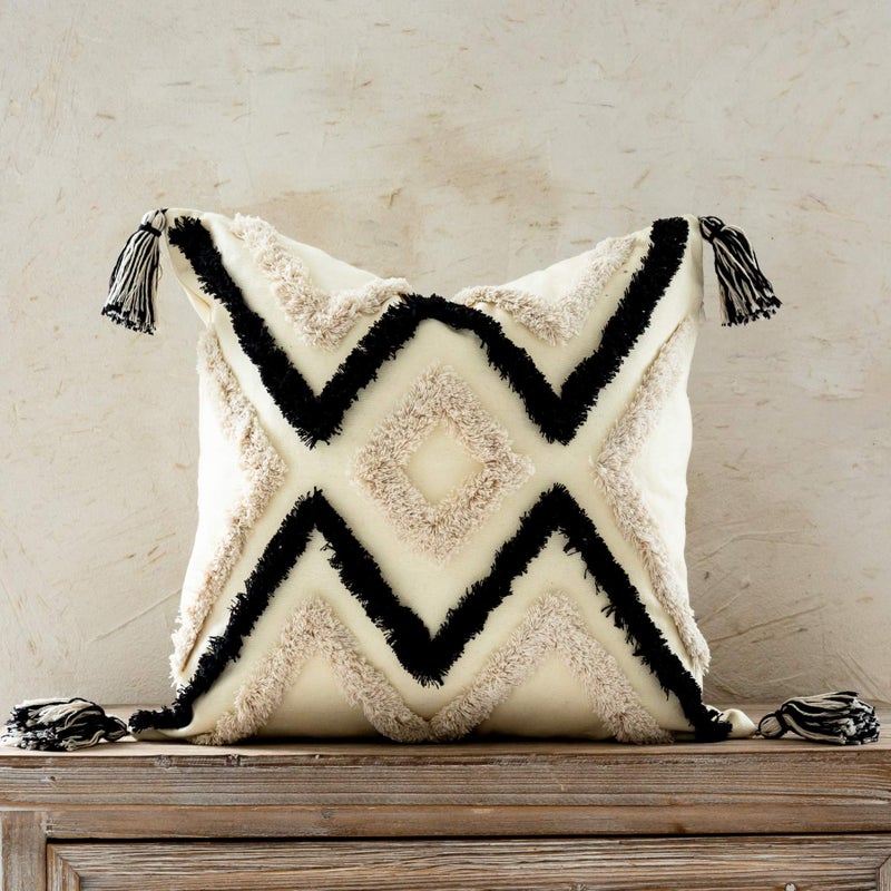 Snugtown Woven Tufted Boho Throw Pillow Cover, Modern Decorative Geometric Chevron Striped Cushion with Tassels, Farmhouse Tribal Pillowcases for Couch Sofa Bedroom Living Room, 18 x 18 Inches, Black, Ivory - Image 1